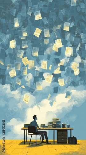 A person sits at a desk overwhelmed by a cloud of floating papers, symbolizing information overload.