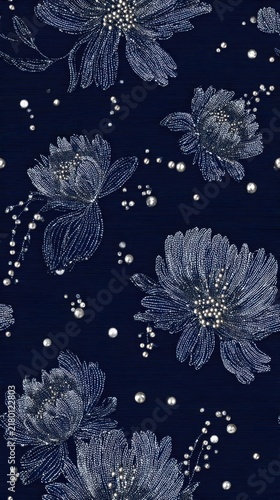 Elegant Navy Blue Background with Embroidered Flowers and Pearls