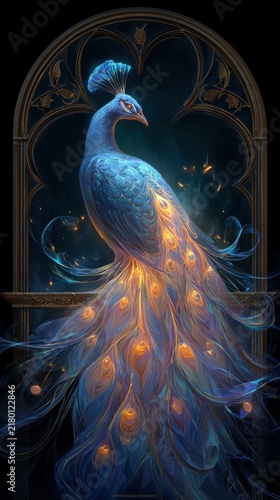Illuminated Peacock with Glowing Feathers in an Ornate Frame