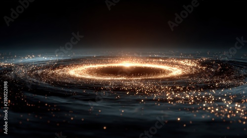 A cosmic scene featuring a bright central light surrounded by swirling patterns and scattered stars.