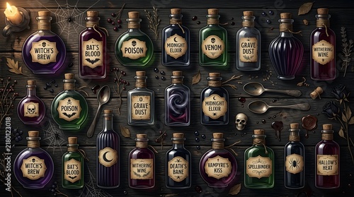 Collection of Magic Potion Bottles on Dark Wooden Table