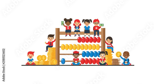 Diverse Children Learning Financial Literacy and Math with Abacus and Money Vector Illustration