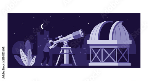 Man Observing Stars with Telescope Near Observatory Night Vector Illustration
