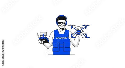 Drone academy instructor illustration with FPV goggles, remote, and quadcopter. Minimalist blue vector for tech training and education concepts.