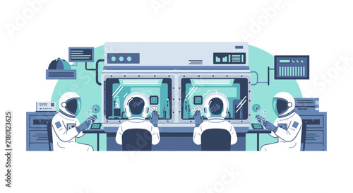 Futuristic Science Lab Illustration with Engineers in Protective Suits Developing Semiconductor Microchips and High-Tech Electronic Hardware