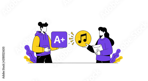 Flat Vector Illustration of Students with High Grade A Plus and Music Icon