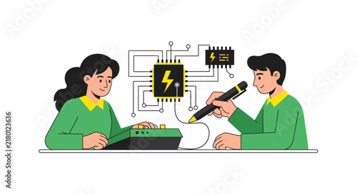 Engineering Team Designing Electronic Circuit and Power Microchip Vector Illustration