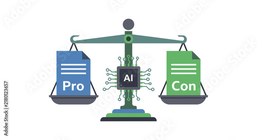 AI Pros and Cons Balancing Scale Concept Illustration. Weighing the Benefits and Risks of Artificial Intelligence Technology.