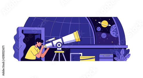 Man Observing Space with Telescope in Observatory Illustration