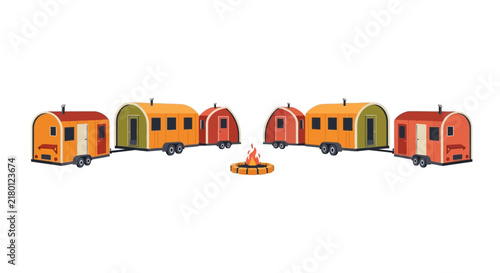 Tiny House Community and Campfire Flat Vector Illustration on White Background
