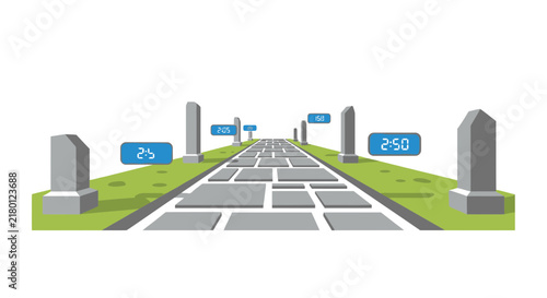 Conceptual 3D path illustration with digital timers and stone milestones representing progress and goals on white background