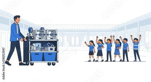 STEM Teacher Bringing 3D Printers to Excited School Students Illustration