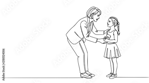 Woman giving a gift to a child, continuous line drawing, isolated