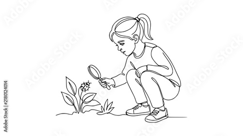 Curious Girl with Magnifying Glass Inspecting Ladybug on Plant, Isolated
