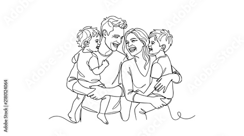 Happy Family Portrait: Parents Holding Two Young Children, Line Art, Isolated