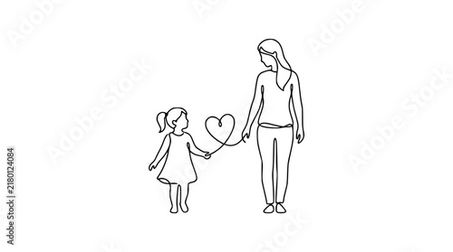 Mother and Daughter Line Art Heart Connection Isolated