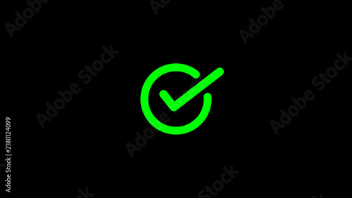 A vibrant green checkmark within a circular outline stands out against a black background, symbolizing approval, success, completion, or a positive confirmation in a digital interface