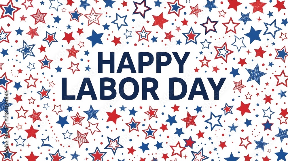 Obraz premium Happy labor day greeting card with red and blue stars pattern isolated on white background