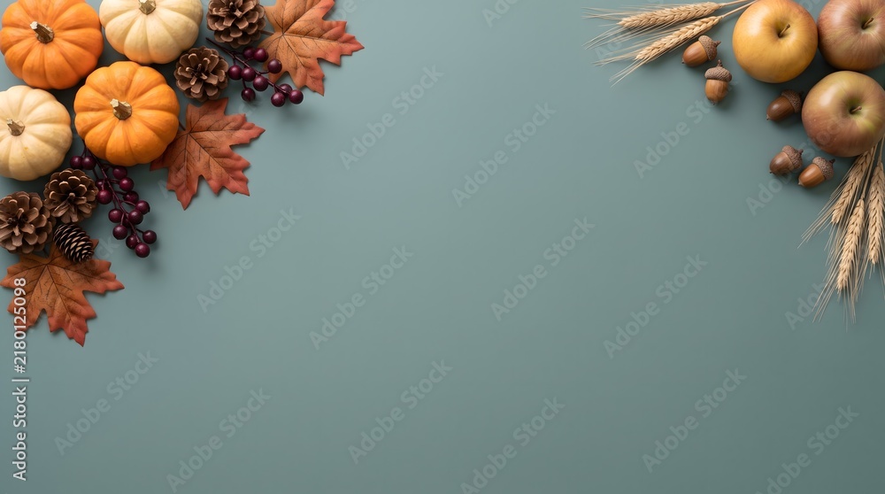 Fototapeta premium Autumn harvest composition with pumpkins apples pinecones and wheat ears on a soft muted surface
