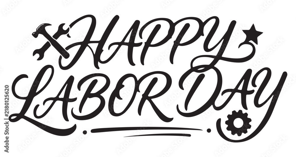 Naklejka premium Happy Labor Day calligraphy lettering banner with tool icons isolated on white background.