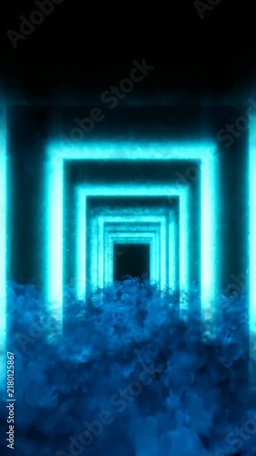 Glowing Blue Square Tunnel Above Misty Floor