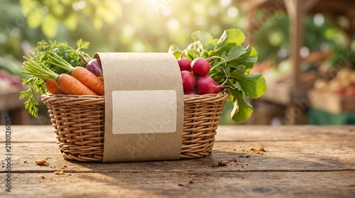 Freshly Harvested Organic Vegetables in a Rustic Woven Basket with Blank Label
