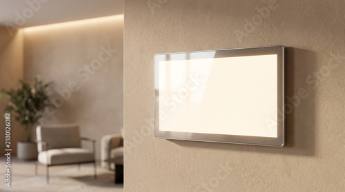 Modern Blank Wall Mounted Digital Display Screen in Minimalist Living Room Interior