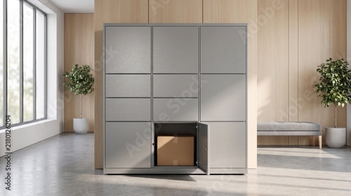 Modern Smart Parcel Locker System for Secure Package Delivery in Contemporary Lobby