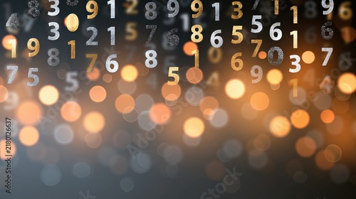 Abstract background featuring floating numerical digits with warm glowing bokeh light effects for digital technology concept