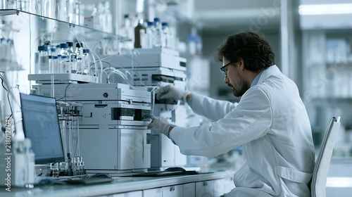 Lab pharmaceutical quality control laboratory, analyst in white lab coat and gloves performing HPLC analysis, liquid chromatography instrument running sample sequence beside workstation, pharmacopeia 