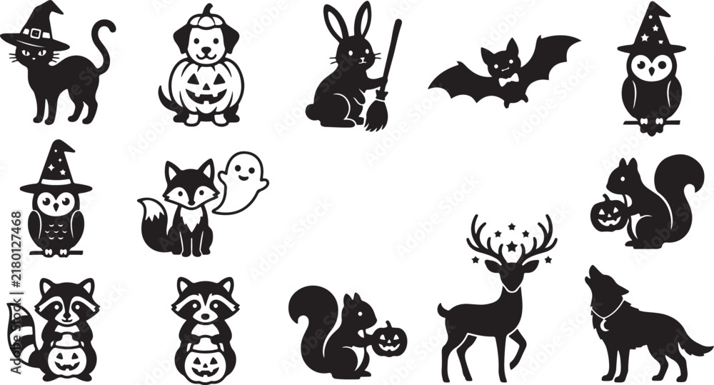 Obraz premium Collection of cute halloween animal silhouettes including cats, pumpkins, bats, owls, foxes, raccoons, and deer for holiday projects