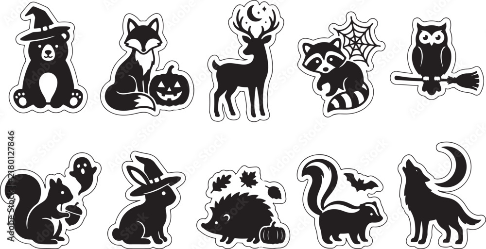 Obraz premium Set of black and white stickers featuring various forest animals in halloween costumes and spooky themes isolated on white background