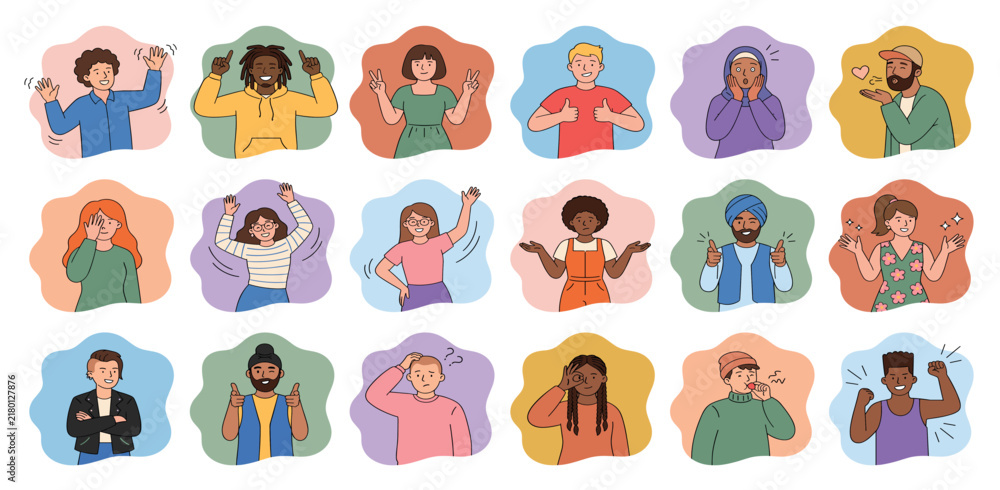 Fototapeta premium People peeking and looking out, set. Happy smiling curious characters waving hi with hand, presenting, showing gestures, pointing with finger. Flat vector illustrations isolated on white background