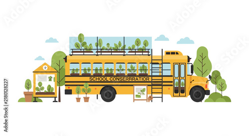 Mobile Greenhouse School Bus Flat Illustration for Sustainable Education and Conservation