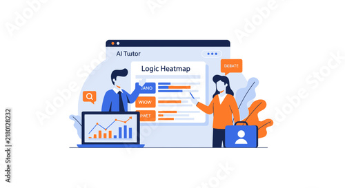 AI Tutor Interface Illustration with Logic Heatmap, Data Analytics, and Online Learning Concept