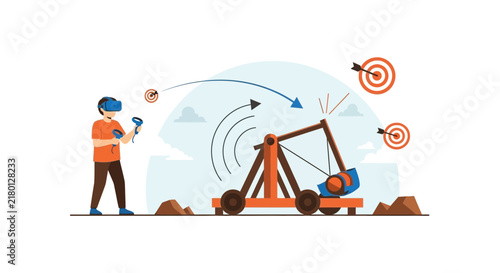 VR Gaming Illustration: Man Using Virtual Reality Headset and Controllers to Operate Catapult Simulation with Targets