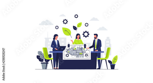 Business Professionals Planning Sustainable Urban Development and Eco-Friendly Smart City Project Illustration