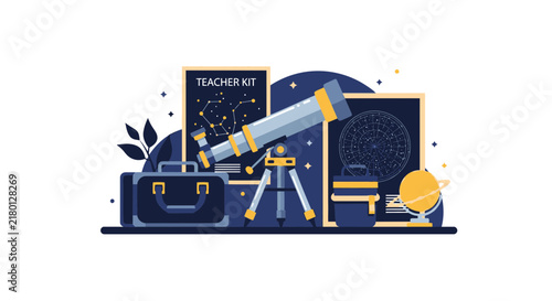 Astronomy Teacher Kit Vector Illustration with Telescope and Star Charts