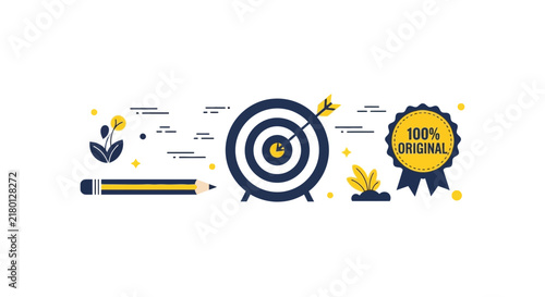 Creative Goal Achievement Flat Illustration with Bullseye, Pencil and 100% Original Badge