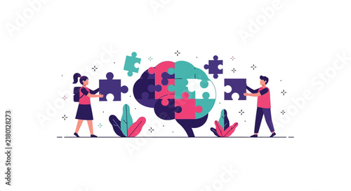 Students Assembling Brain Puzzle for Mental Health and Education Concept