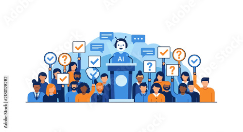 AI Robot at Podium Addressing a Diverse Crowd with Feedback Signs and Speech Bubbles, Flat Vector Illustration