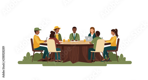 Diverse Business Team Meeting Around a Large Tree Stump Table for Sustainable Collaboration Illustration