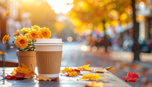 Takeaway coffee cup with potted yellow flowers and fallen autumn leaves on outdoor table in sunny street