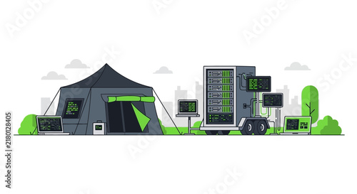 Mobile Data Center and Tactical Field Server Unit Flat Vector Illustration