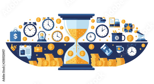 Time is Money Concept Illustration with Hourglass, Clocks, and Gold Coins