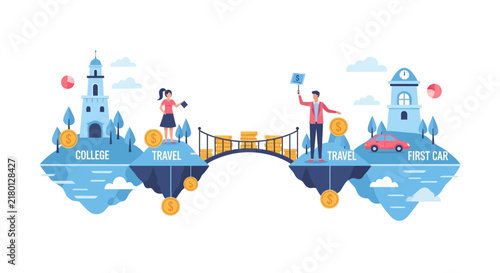 Financial Planning and Life Goals Illustration for College Travel and First Car