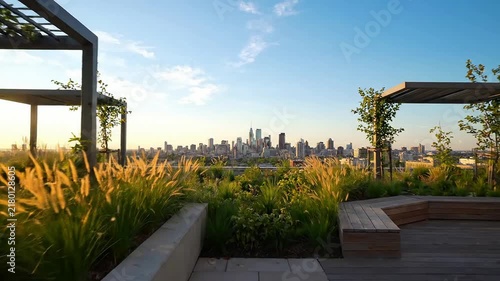 Rooftop Garden Terrace and Urban City Skyline View