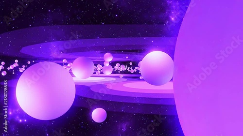 Abstract Cosmic Journey Through Glowing Purple Spheres and Rings in Deep Space