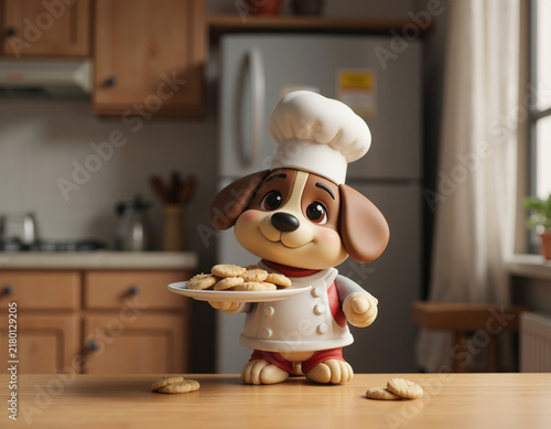Cute 3D rendered puppy dog chef character holding a plate of freshly baked cookies in kitchen