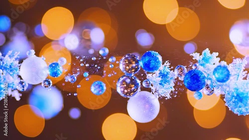 Festive Abstract Background with Blue Ornaments and Sparkling Snowflakes Against a Bokeh Light Backdrop